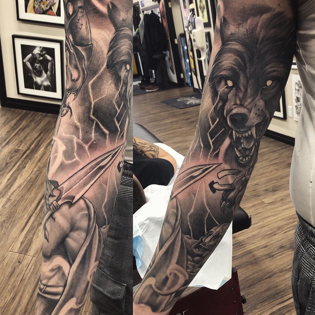 Fenrir and Warrior Sleeve by Sarah Michelle at Black Gold Tattoo Co in Edmonton Alberta Canada