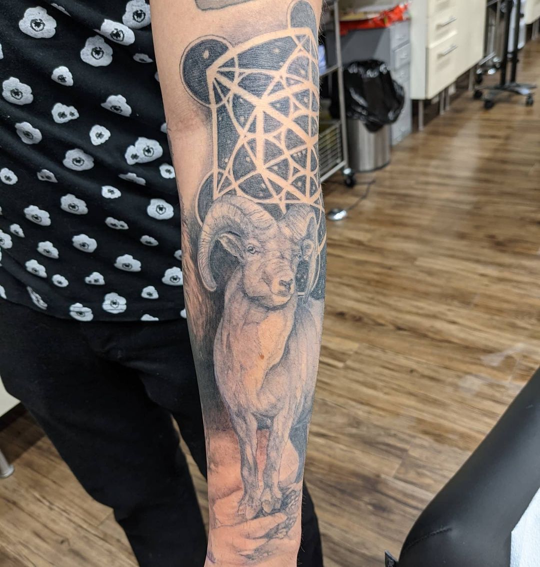 Ram and Geometric Tattoo by Kevin Sherritt at Black Gold Tattoo Co in Edmonton Alberta Canada