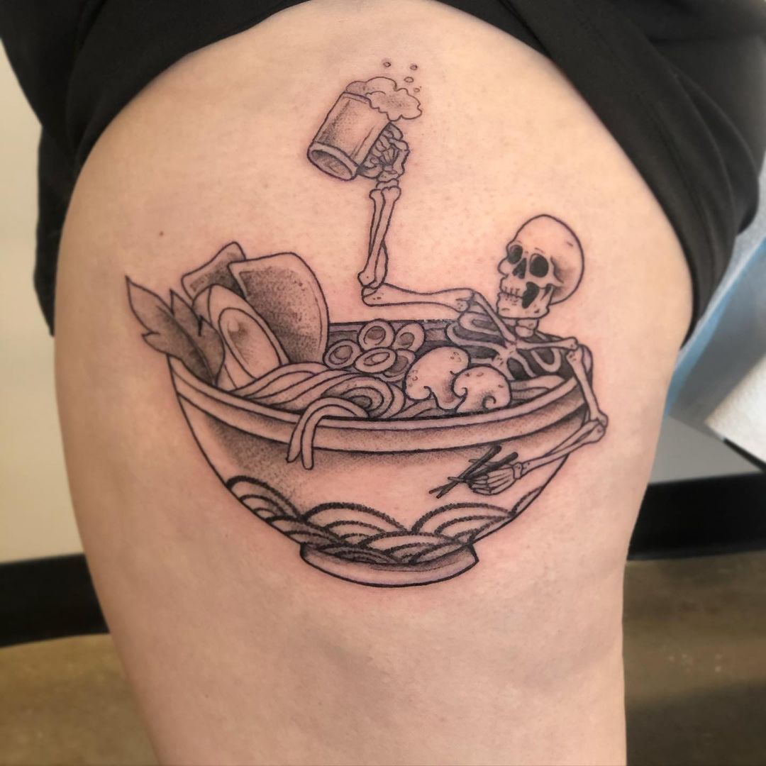 Skeleton Ramen Bowl Tattoo by Vanessa Spezowka at Crimson Empire Tattoo in Edmonton Alberta Canada