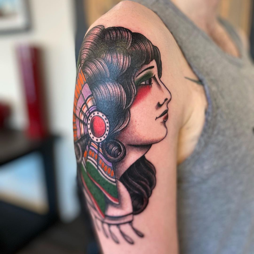 Traditional Lady Portrait Tattoo by Dale Moostoos at Crimson Empire Tattoo in Edmonton Alberta Canada