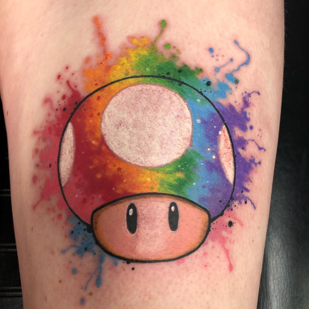 Mario Mushroom Tattoo by Chris Labrenz at Black Gold Tattoo Co in Edmonton Alberta Canada