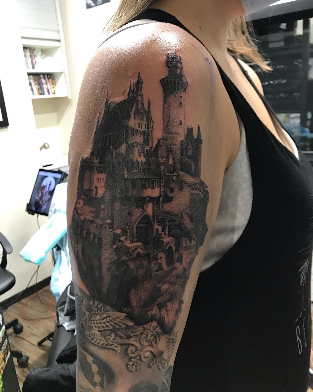 Magical Castle Tattoo by Alan Coates at Black Gold Tattoo Co in Edmonton Alberta Canada