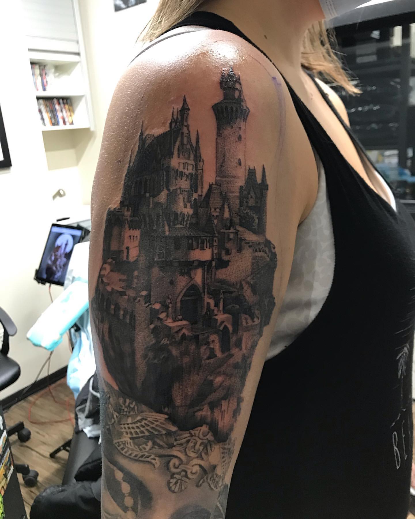 Floating Castle Tattoo by Alan Coates at Black Gold Tattoo Co in Edmonton Alberta Canada