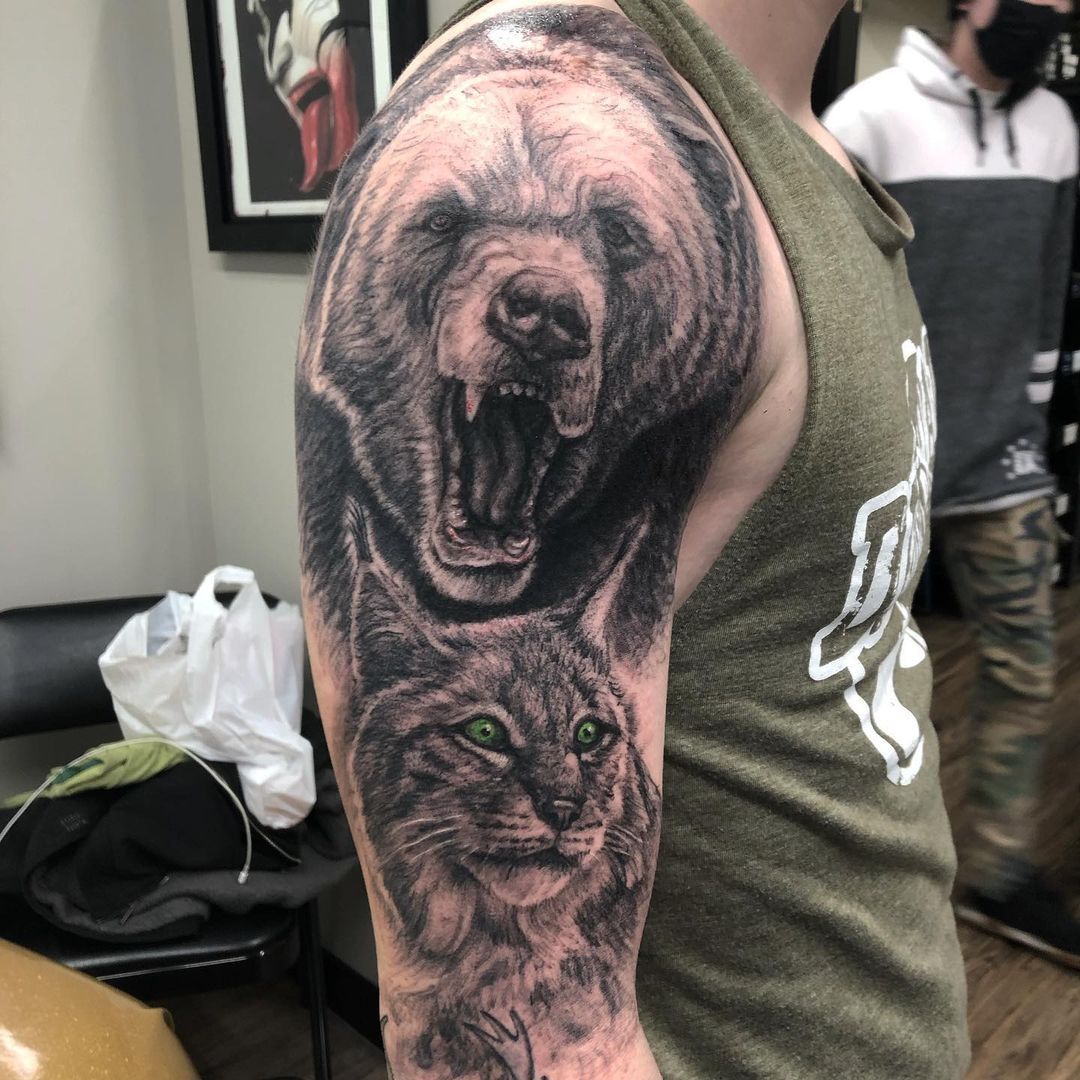 Bear and Lynx Tattoo by Steve Hayes at Black Gold Tattoo Co in Edmonton Alberta Canada