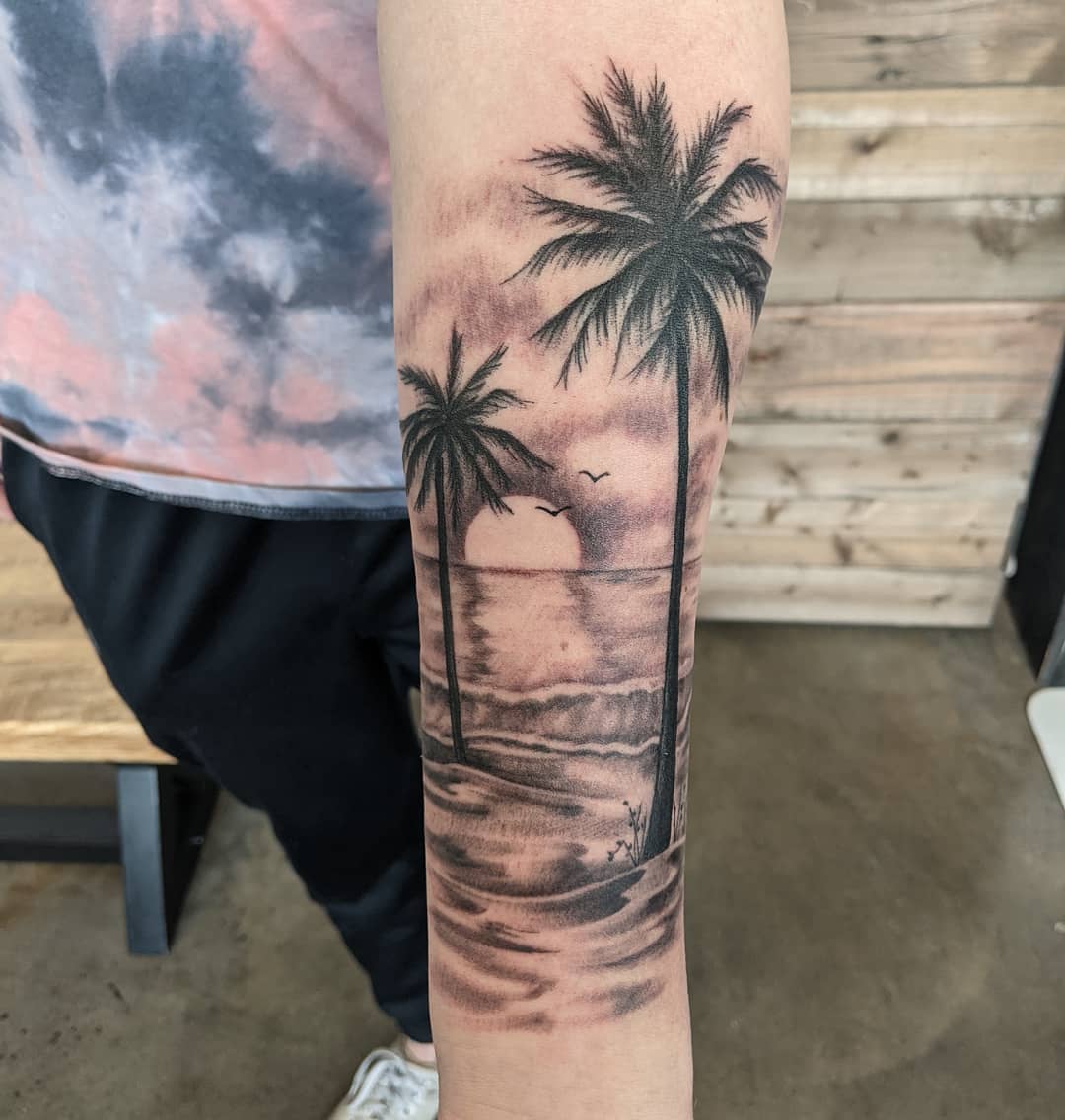 Beach Sunset Tattoo by Sheila Anderson at Crimson Empire Tattoo in Edmonton Alberta Canada