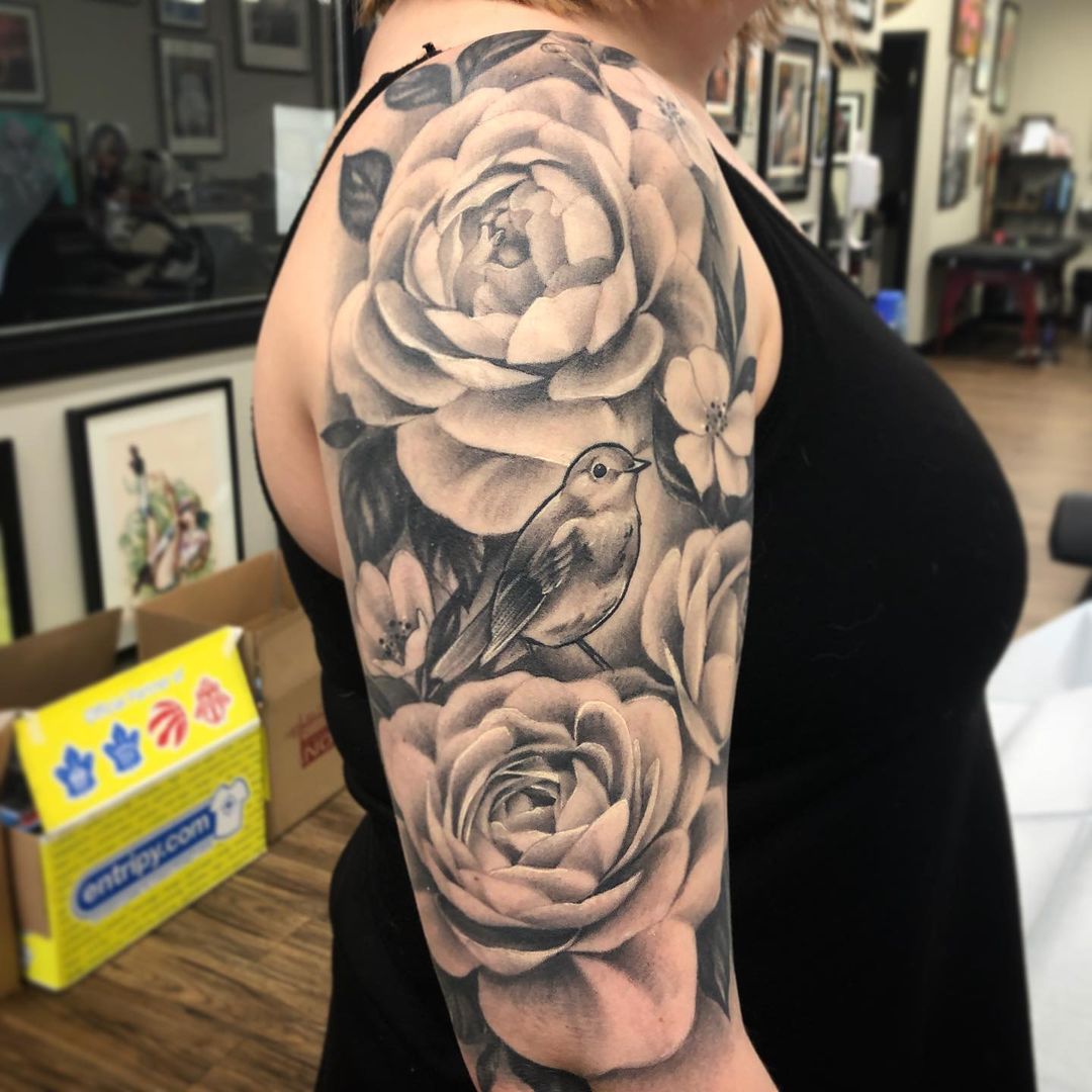 Floral and Bird Tattoo by Sarah Michelle at Black Gold Tattoo Co in Edmonton Alberta Canada