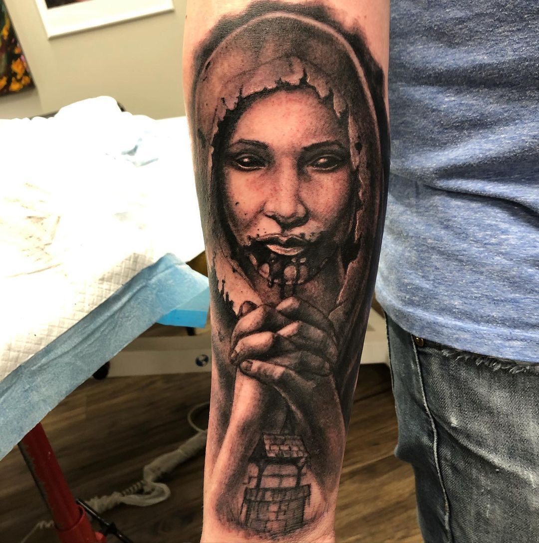 Evil Mary Tattoo by Steve Hayes at Black Gold Tattoo Co in Edmonton Alberta Canada