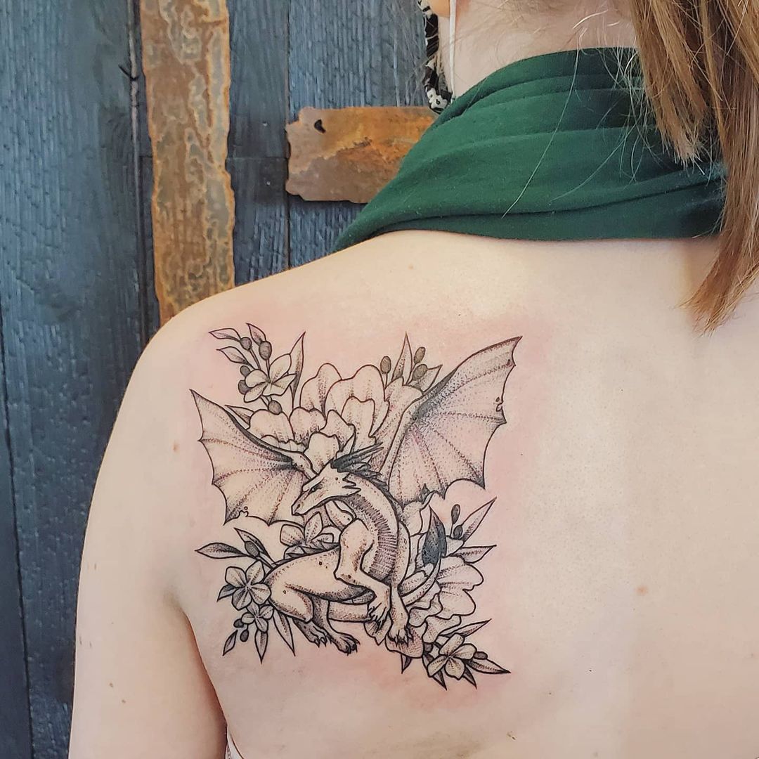 Dragon and Floral Tattoo by Adrienne Alexander at Crimson Empire Tattoo in Edmonton Alberta Canada