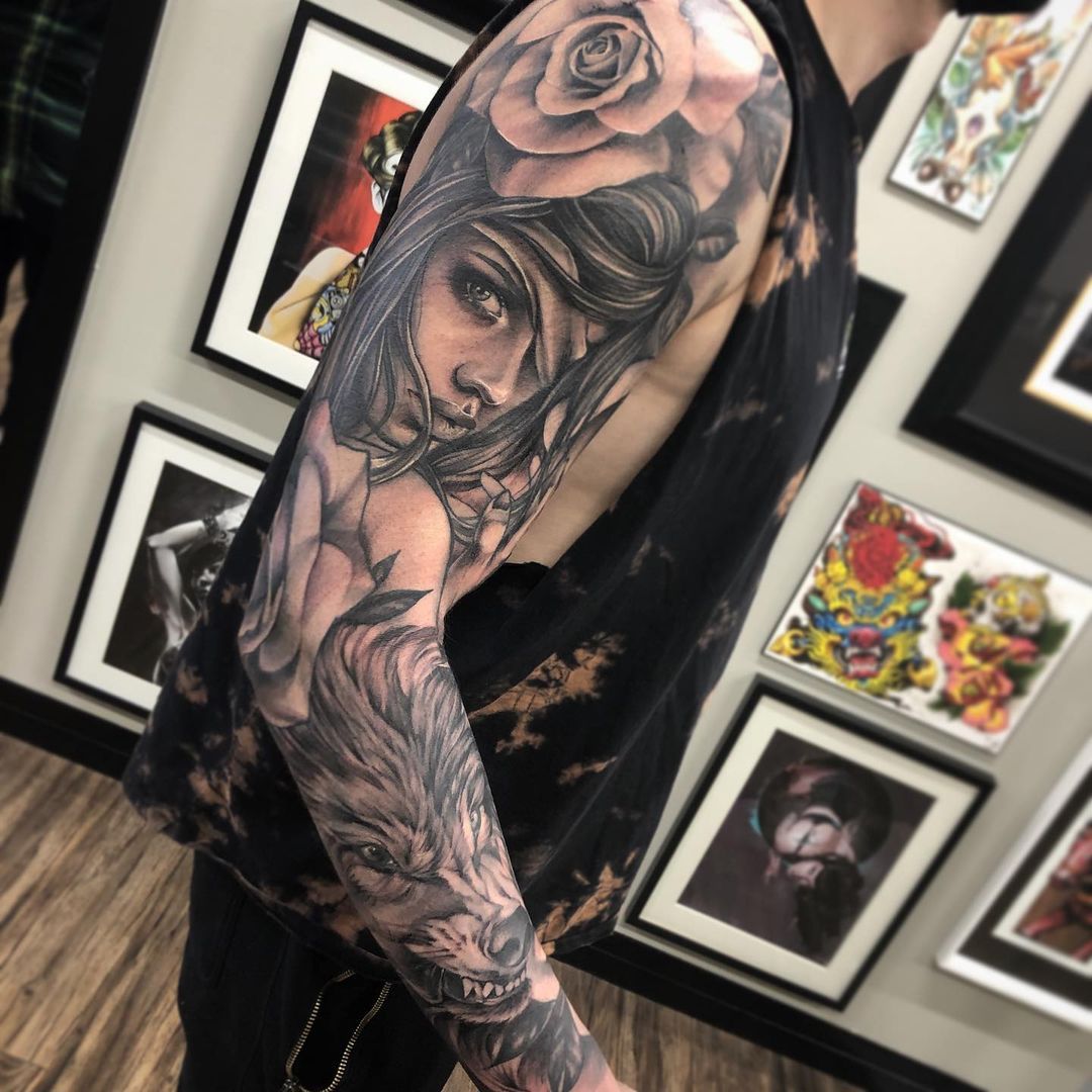 Lady and Wolf Sleeve by Sarah Michelle at Black Gold Tattoo Co in Edmonton Alberta Canada
