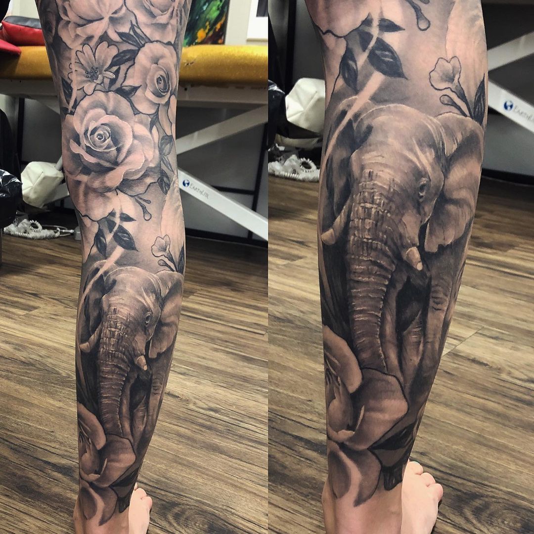 Elephant and Floral Tattoo by Sarah Michelle at Black Gold Tattoo Co in Edmonton Alberta Canada