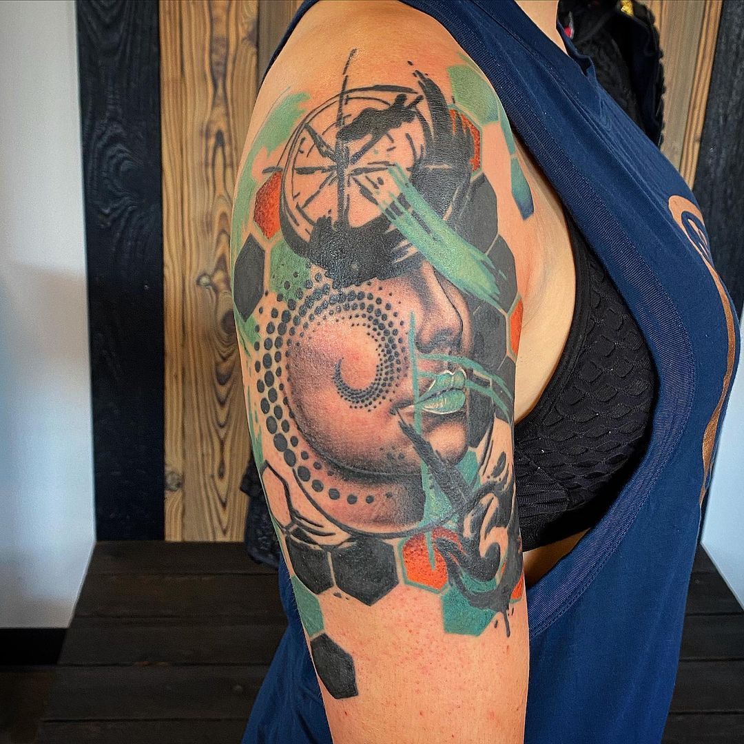 Abstract Lady Portrait Tattoo by Dale Moostoos at Crimson Empire Tattoo in Edmonton Alberta Canada