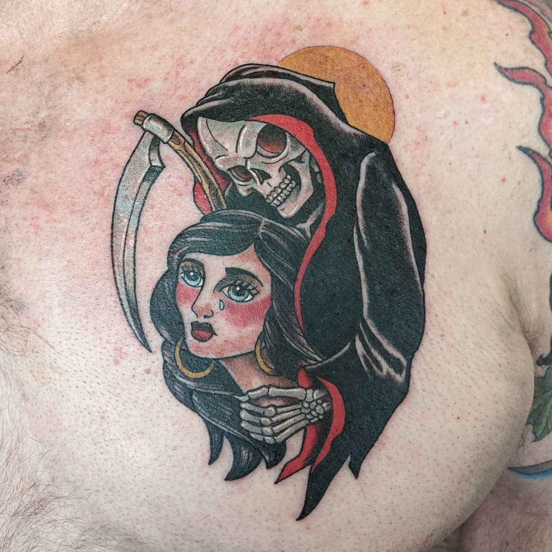 Lady and Grim Reaper Tattoo by Sheila Anderson at Crimson Empire Tattoo in Edmonton Alberta Canada