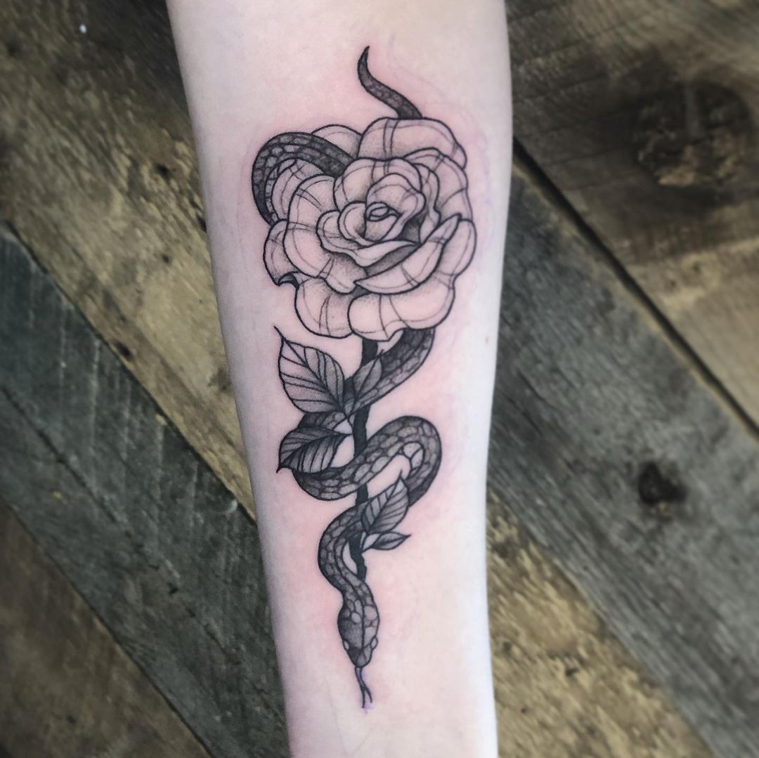 Snake and Rose Tattoo by Vanessa Spezowka at Crimson Empire Tattoo in Edmonton Alberta Canada