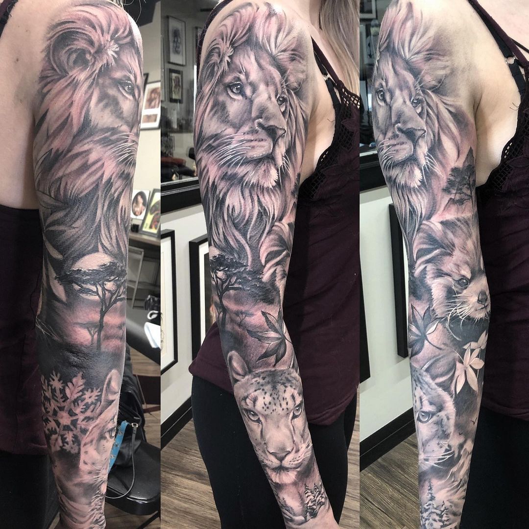 Lion, Leopard and Racoon Sleeve by Sarah Michelle at Black Gold Tattoo Co in Edmonton Alberta Canada