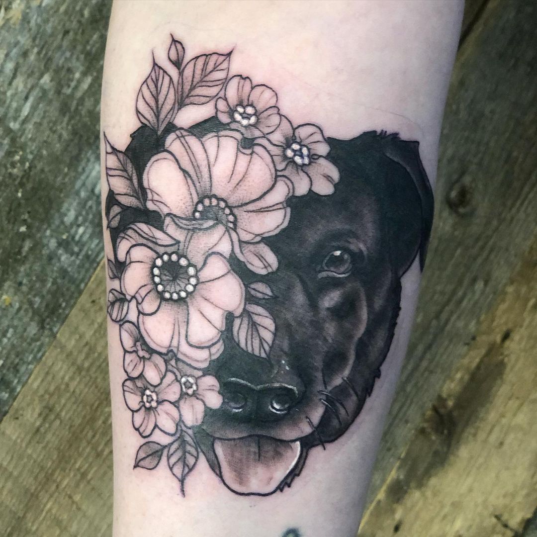 Dog Portrait and Floral Tattoo by Vanessa Spezowka at Crimson Empire Tattoo in Edmonton Alberta Canada