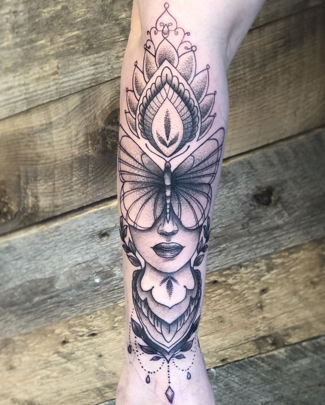 Mandala, Lady and Butterfly Tattoo by Vanessa Spezowka at Crimson Empire Tattoo in Edmonton Alberta Canada