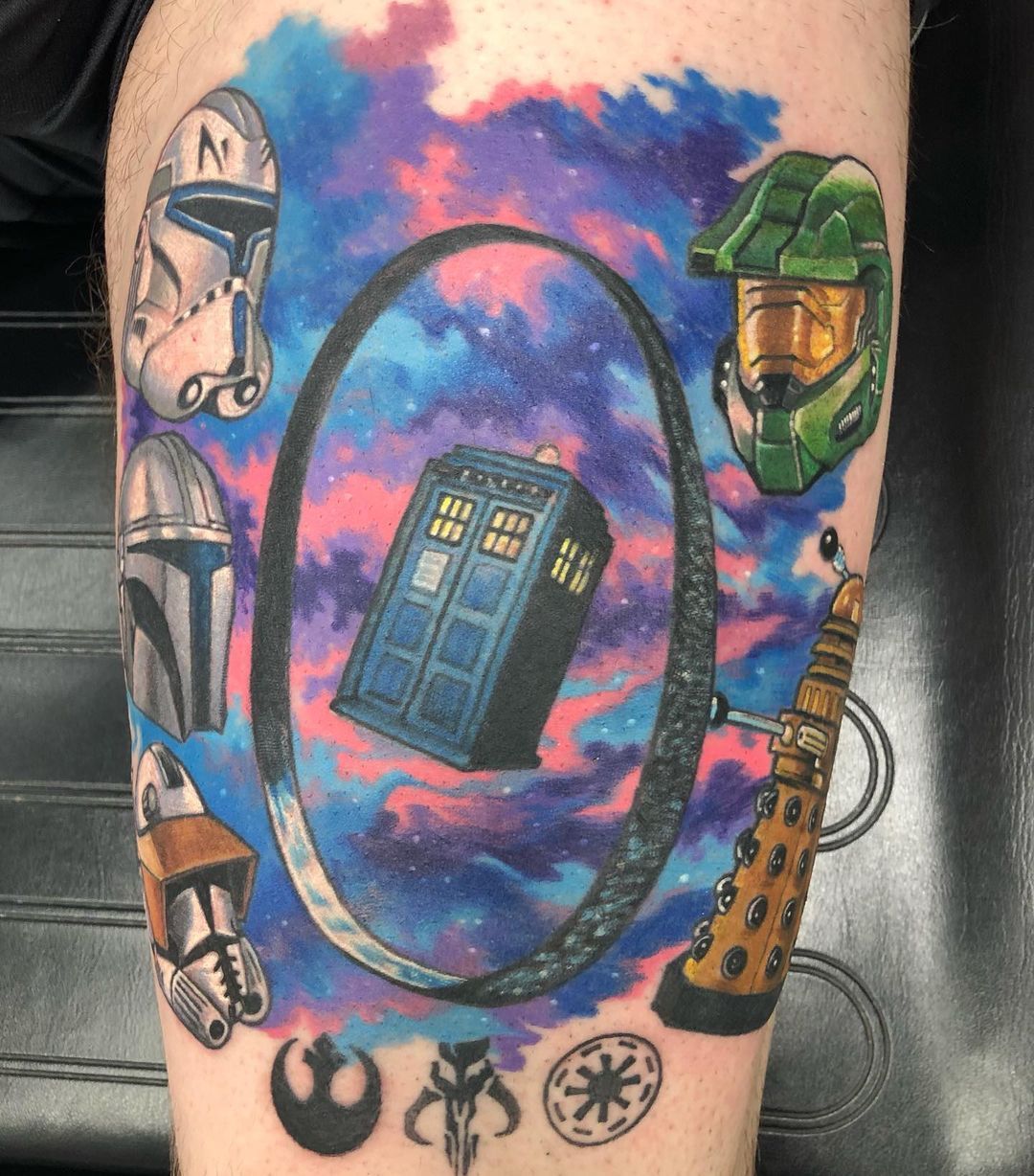 Dr. Who, Halo and Star Wars Mash-up Tattoo by Chris Labrenz at Black Gold Tattoo Co in Edmonton Alberta Canada