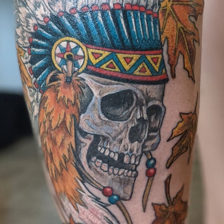 Skull and Headdress Tattoo by Sheila Anderson at Crimson Empire Tattoo in Edmonton Alberta Canada