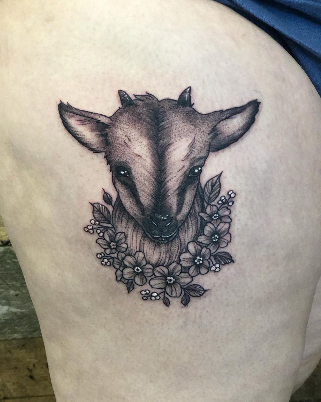 Baby Goat Tattoo by Vanessa Spezowka at Crimson Empire Tattoo in Edmonton Alberta Canada