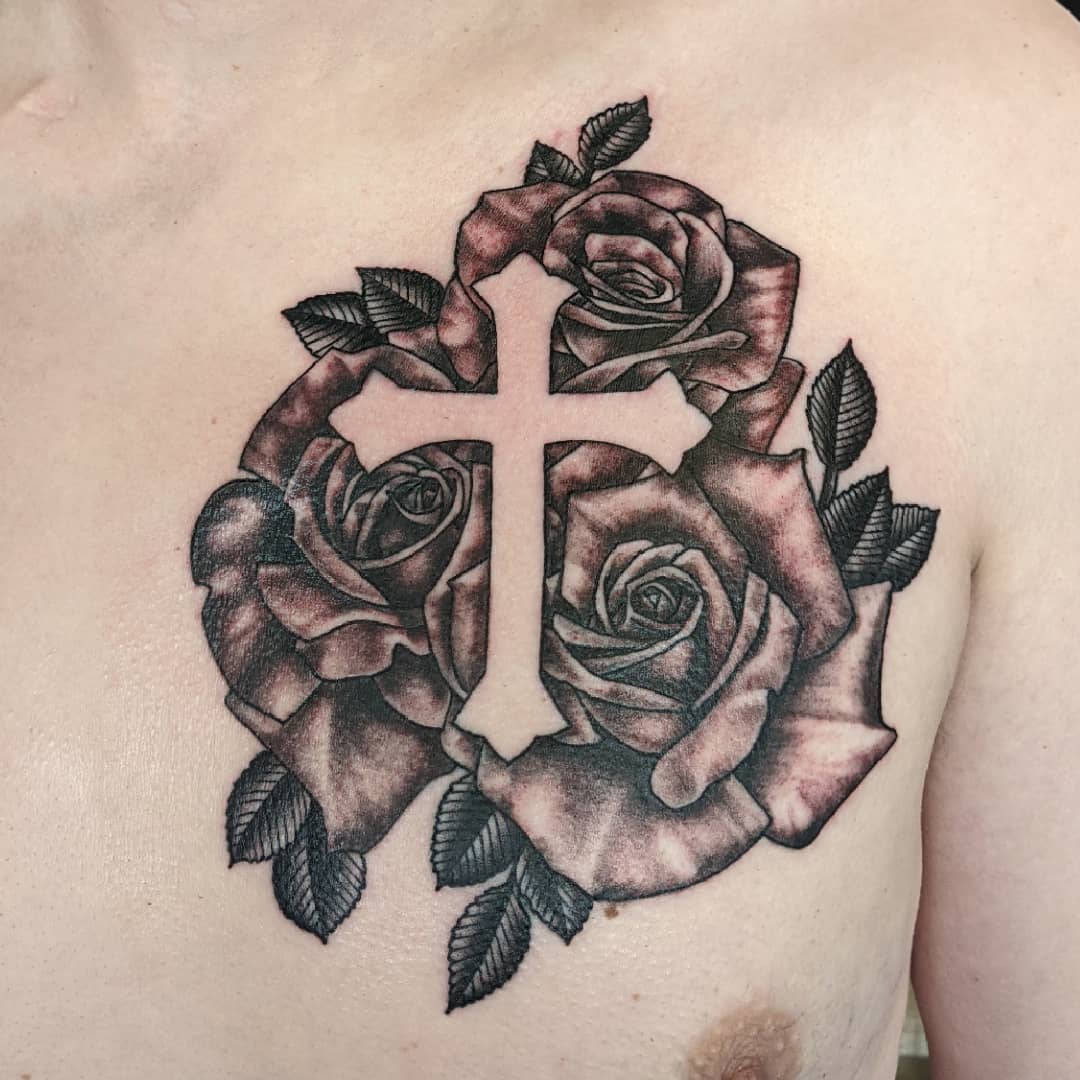 Cross and Roses Tattoo by Sheila Anderson at Crimson Empire Tattoo in Edmonton Alberta Canada