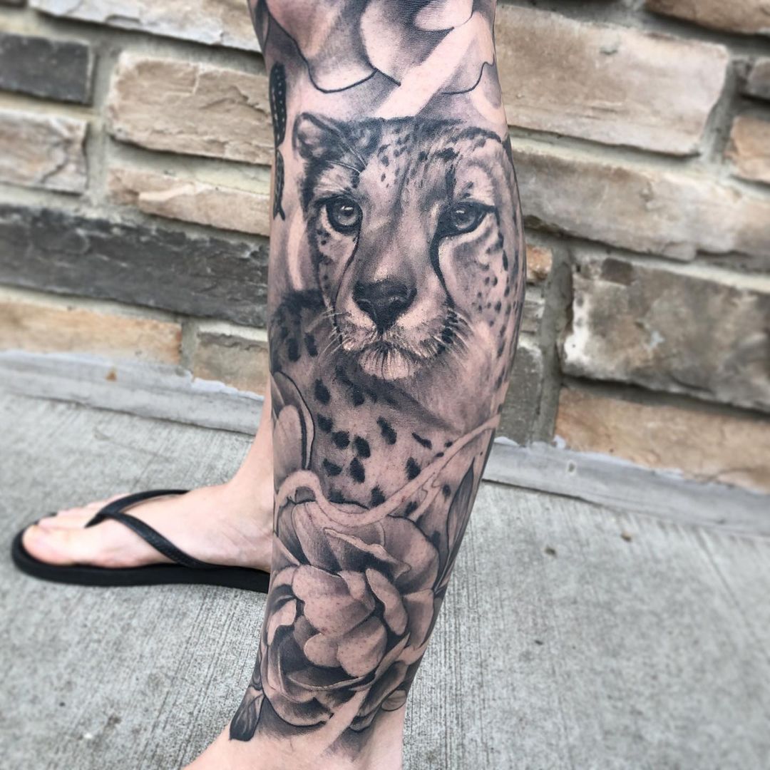 Cheetah and Floral Tattoo by Sarah Michelle at Black Gold Tattoo Co in Edmonton Alberta Canada
