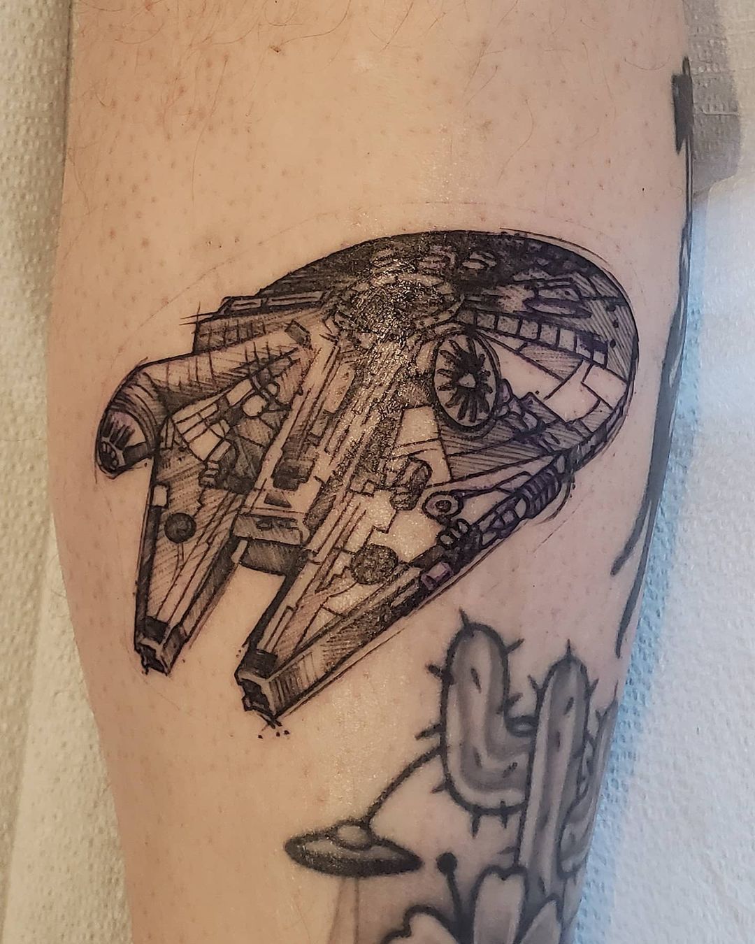 Millennium Falcon Tattoo by Adrienne Alexander at Crimson Empire Tattoo in Edmonton Alberta Canada