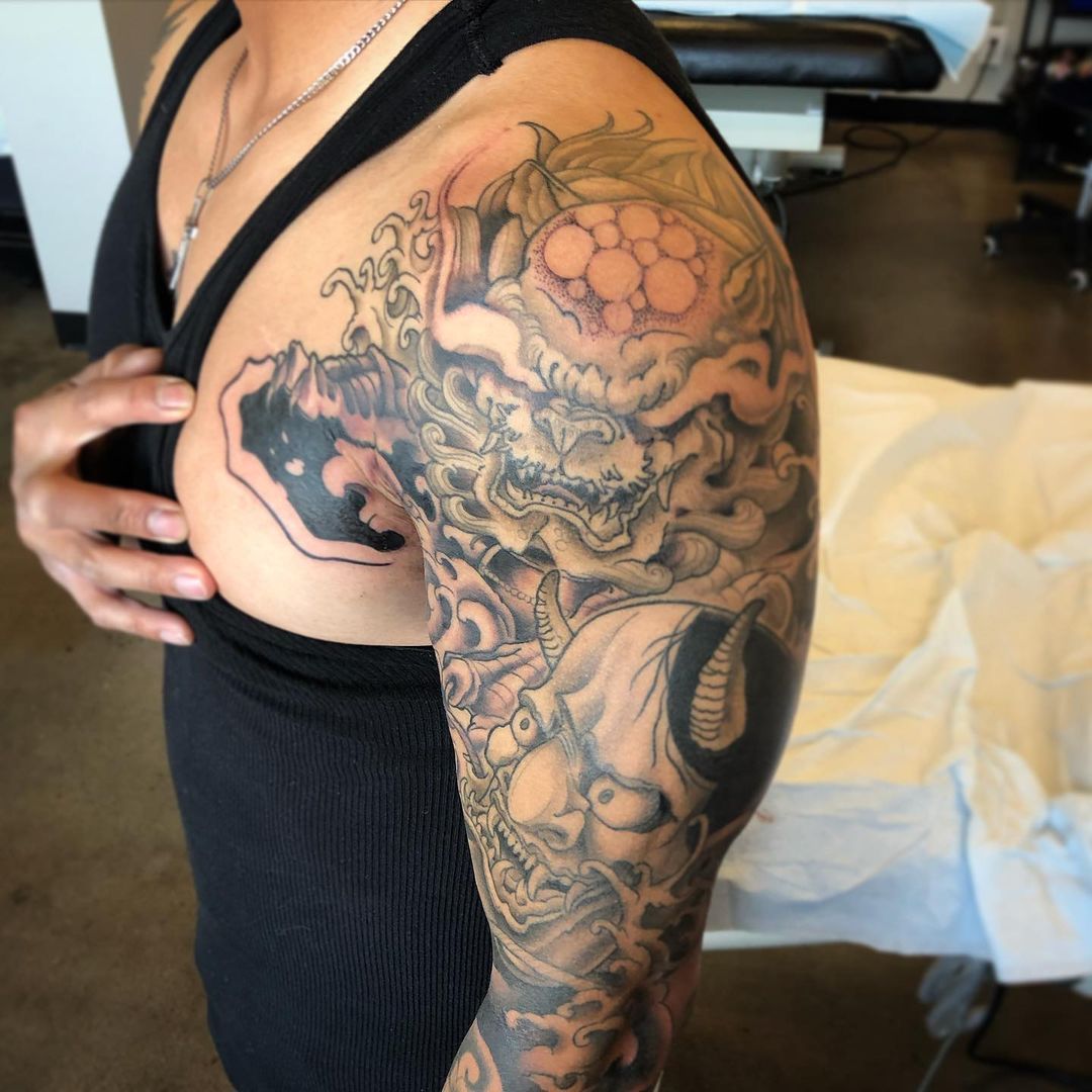 Foo Dog and Hannya Mask Sleeve by Curt Semeniuk at Crimson Empire Tattoo in Edmonton Alberta Canada