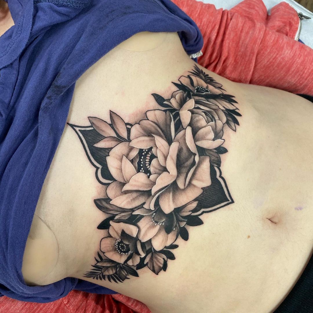 Floral Sternum Tattoo by Sasha Day at Black Gold Tattoo Co in Edmonton Alberta Canada