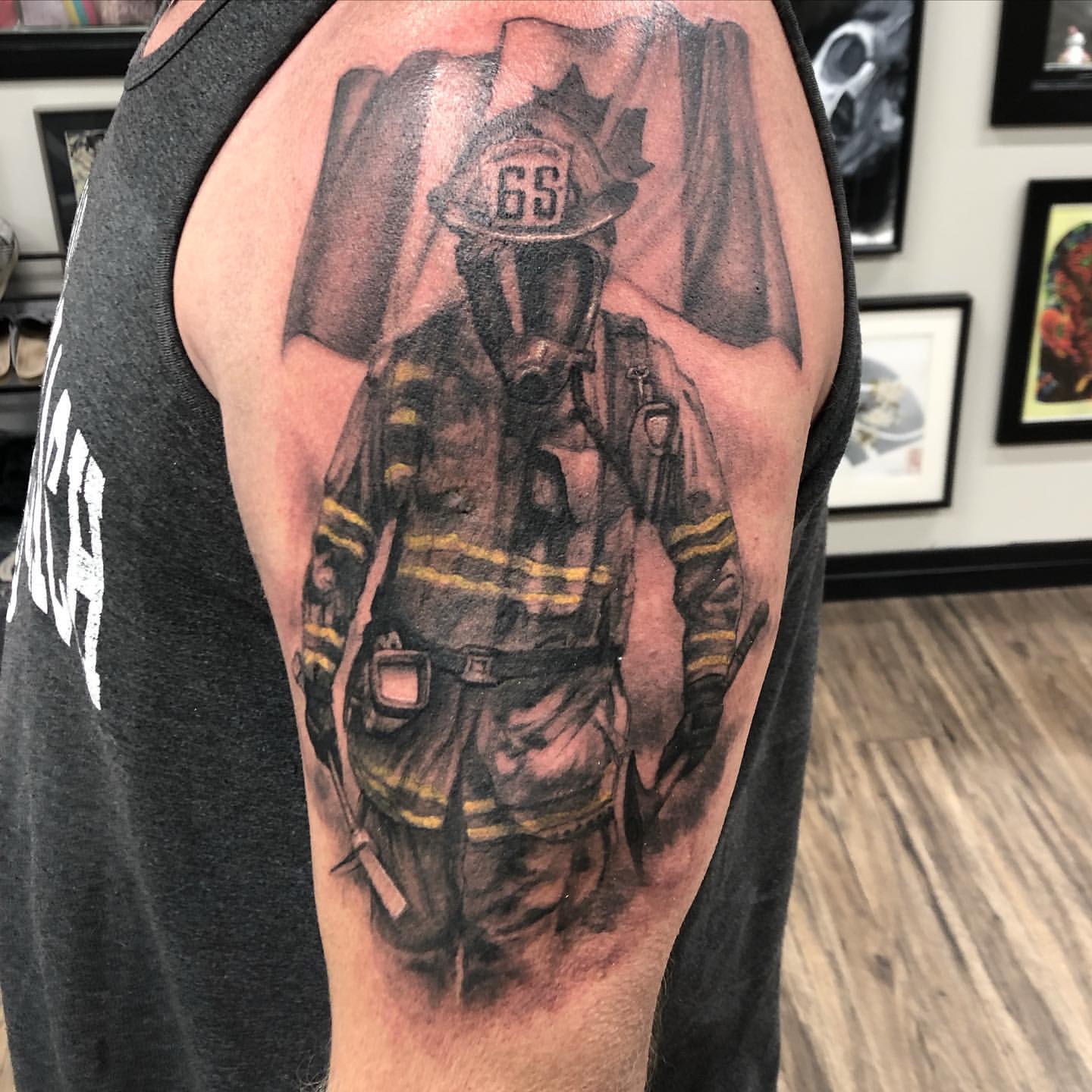 Firefighter Tattoo by Steve Hayes at Black Gold Tattoo Co in Edmonton Alberta Canada