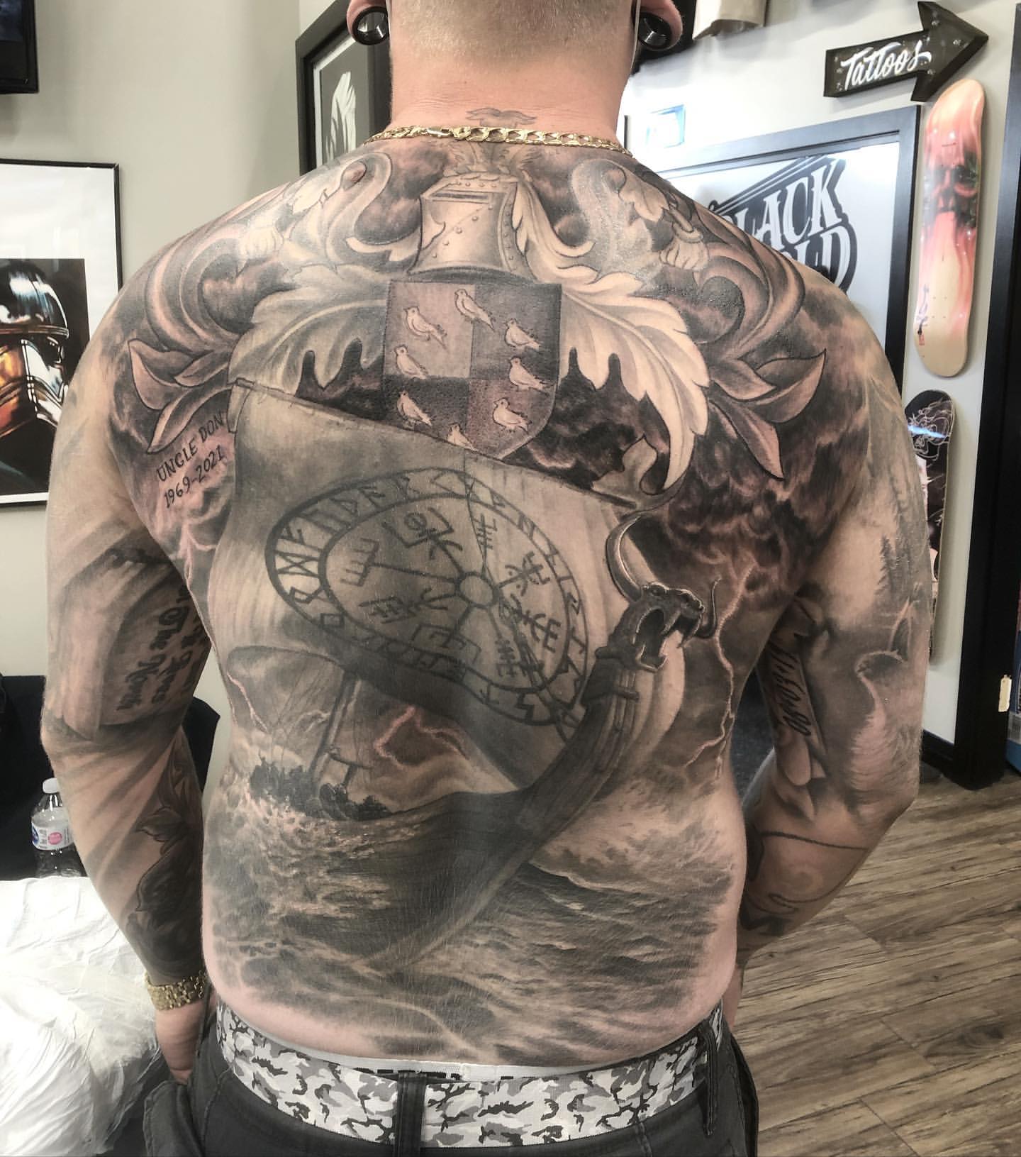 Nordic Ship Tattoo by Steve Hayes at Black Gold Tattoo Co in Edmonton Alberta Canada