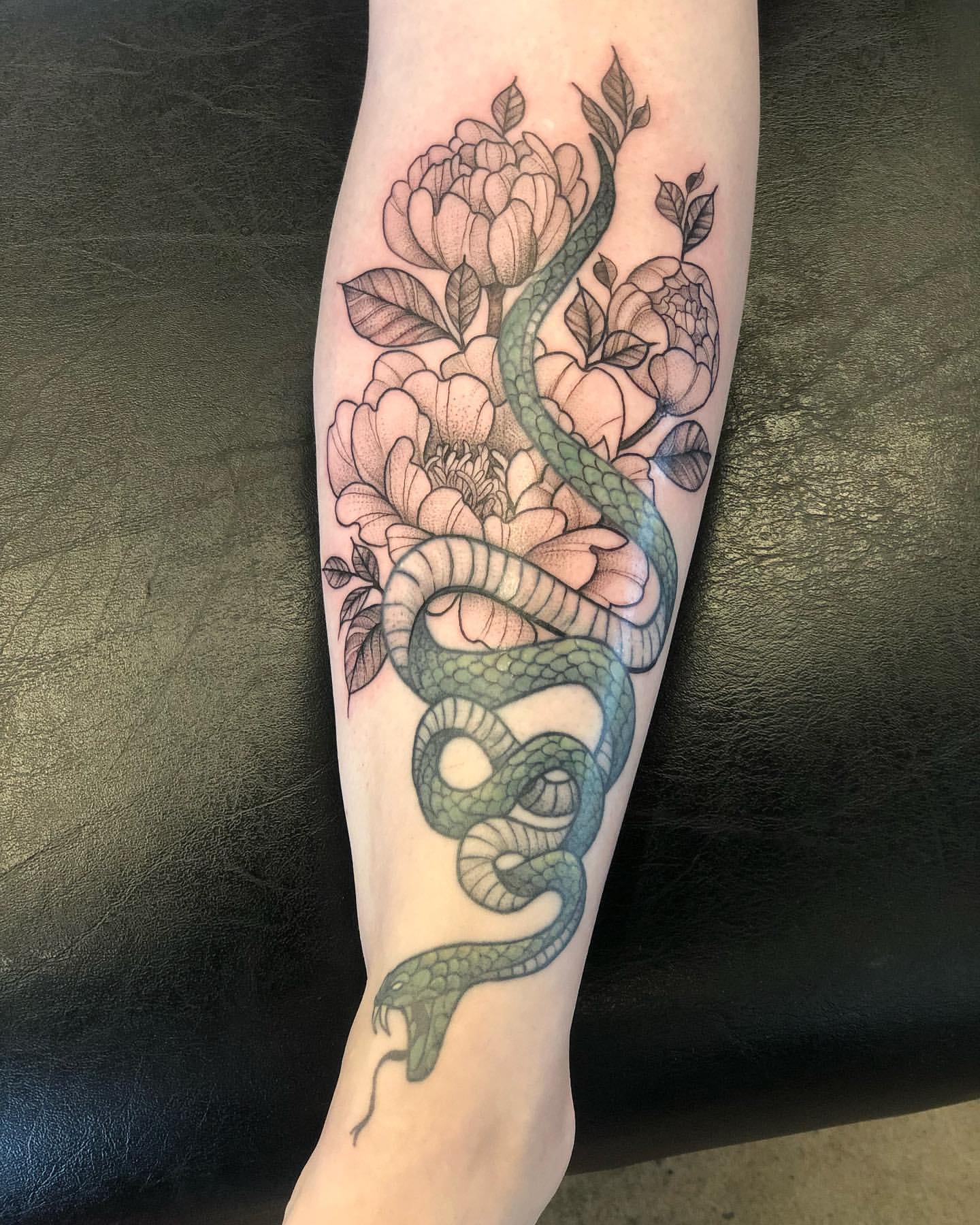 Snake and Peonies Tattoo by Vanessa Spezowka at Crimson Empire Tattoo in Edmonton Alberta Canada