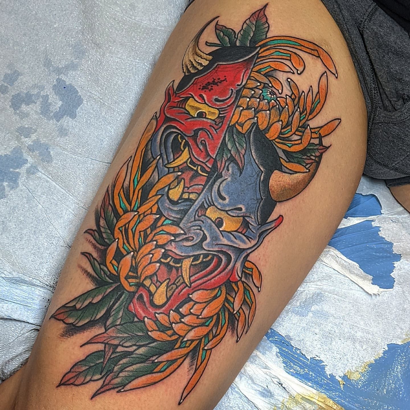 Hannya and Chrysanthemum Split Tattoo Chris Benson at Silver Ghost Tattoo in Edmonton Alberta Canada