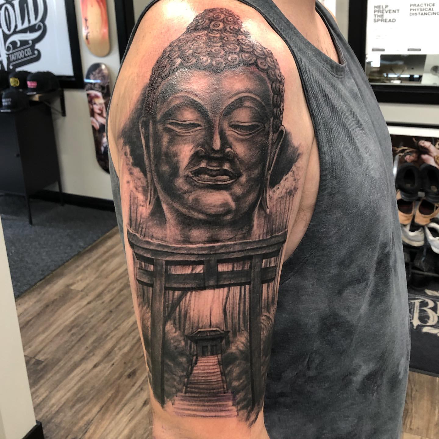 Buddha and Temple Tattoo by Steve Hayes at Black Gold Tattoo Co in Edmonton Alberta Canada