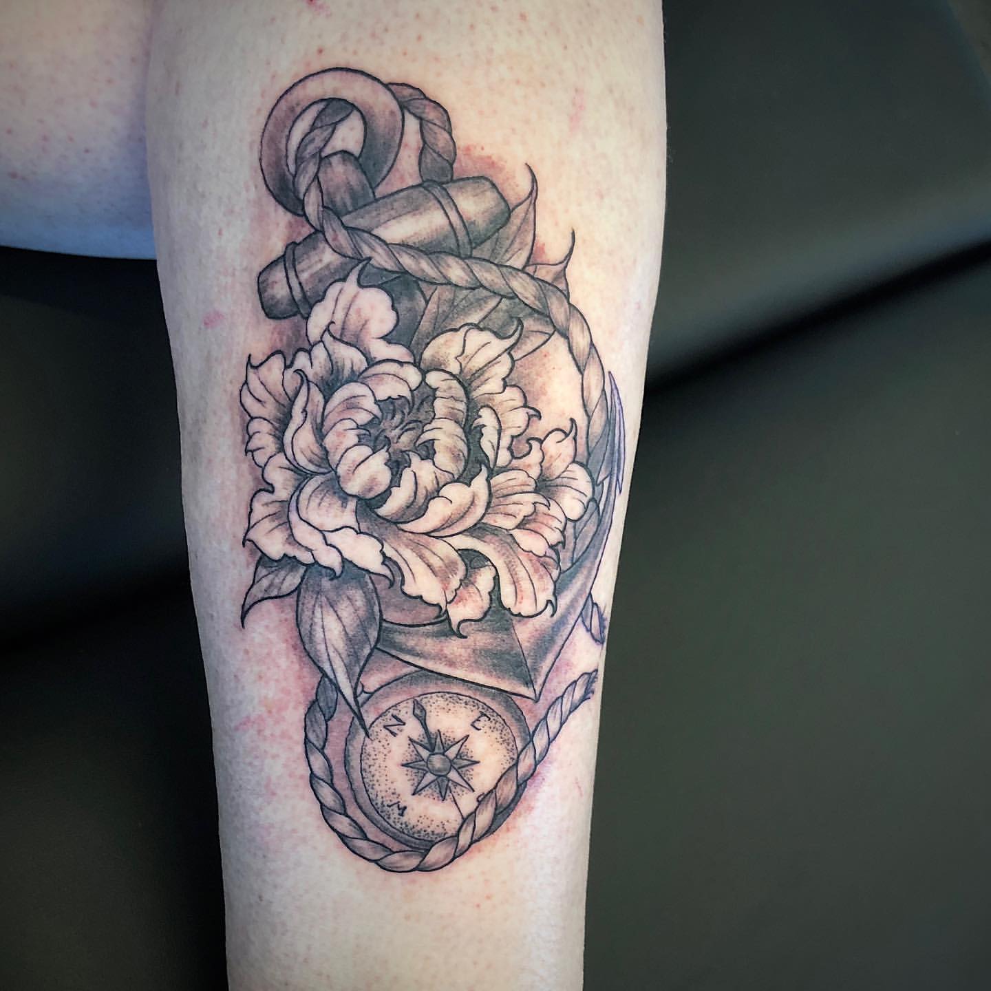 Floral, Anchor and Compass Tattoo by Tony Honning at Crimson Empire Tattoo in Edmonton Alberta Canada
