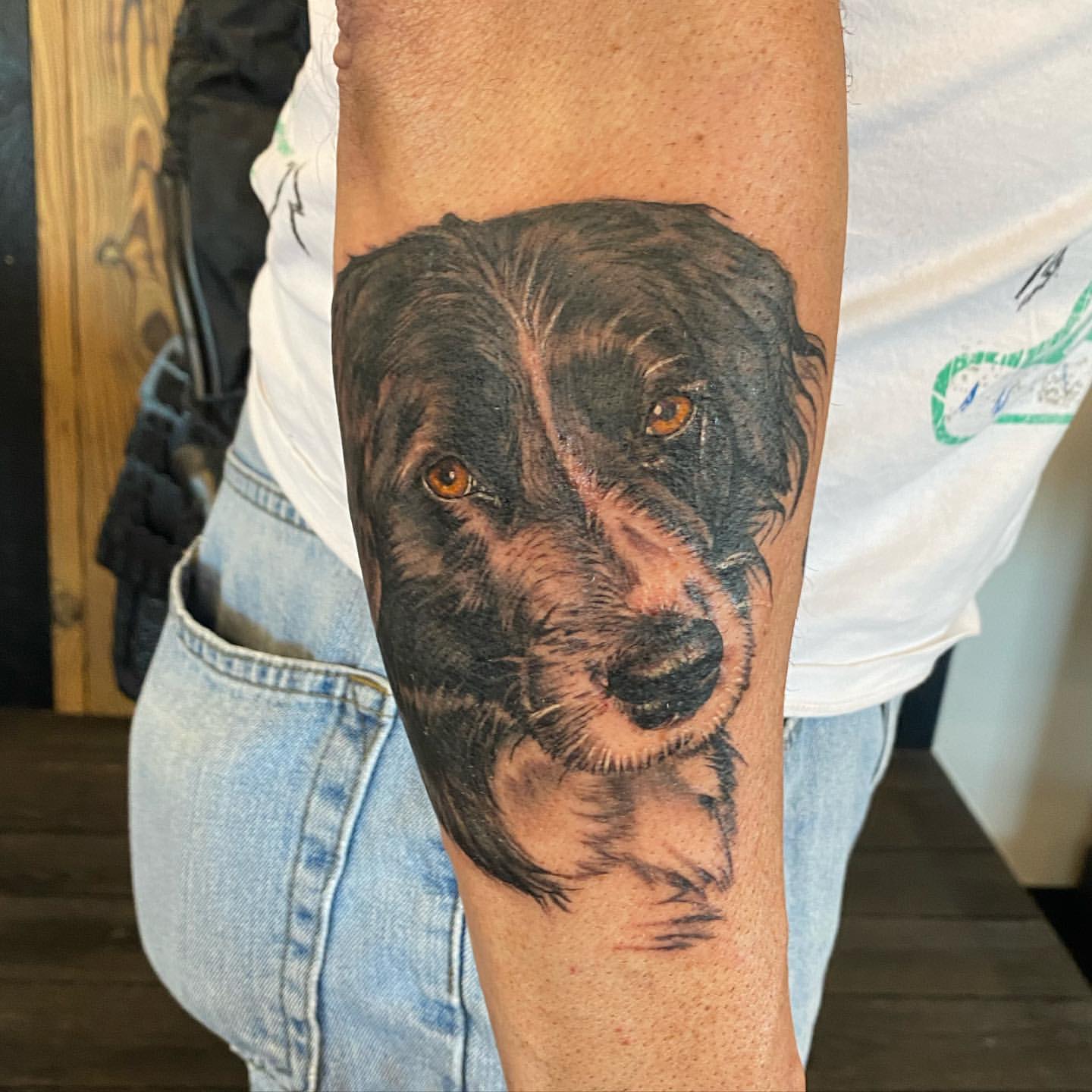 Dog Portrait Tattoo by Dale Moostoos at Crimson Empire Tattoo in Edmonton Alberta Canada