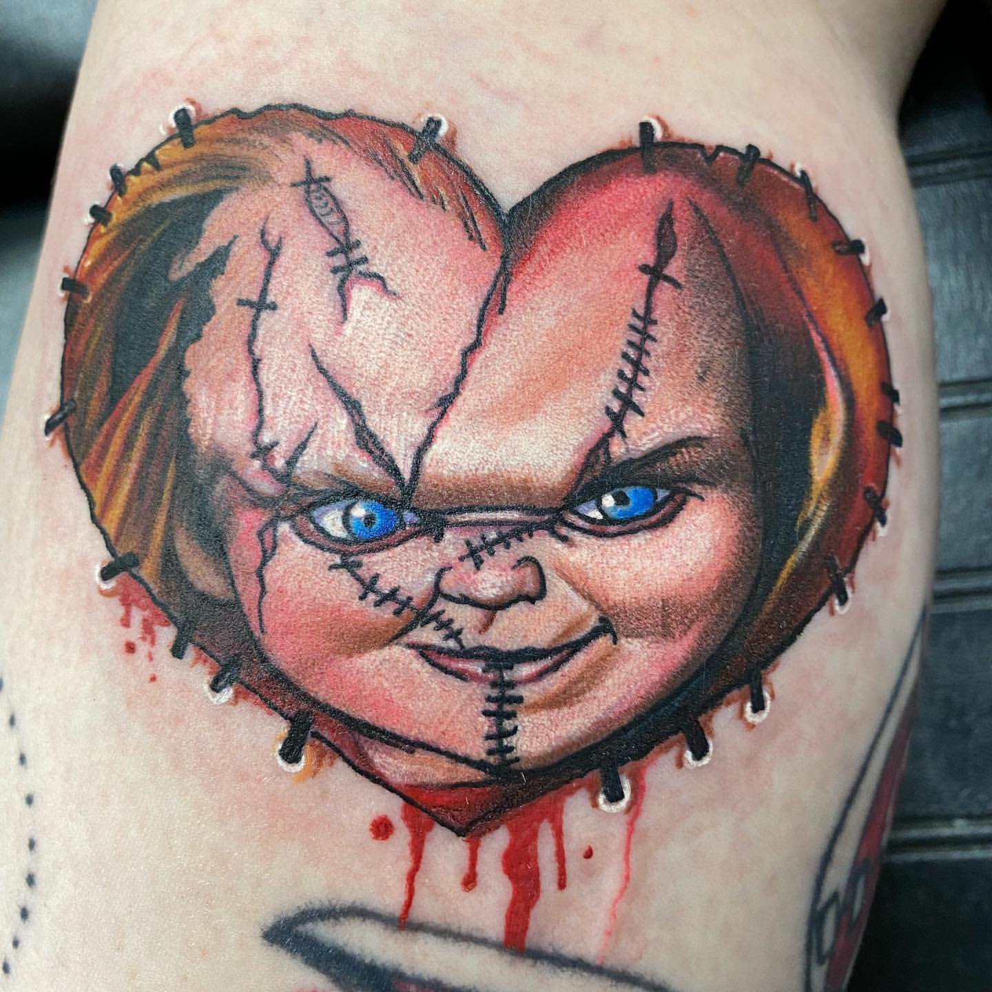 Chucky Tattoo by Chris Labrenz at Black Gold Tattoo Co in Edmonton Alberta Canada