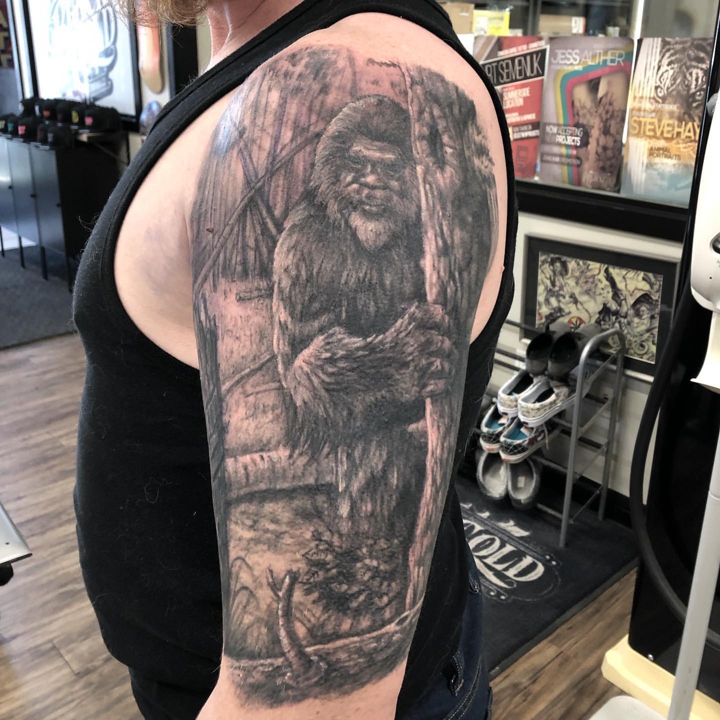Sasquatch Tattoo by Steve Hayes at Black Gold Tattoo Co in Edmonton Alberta Canada