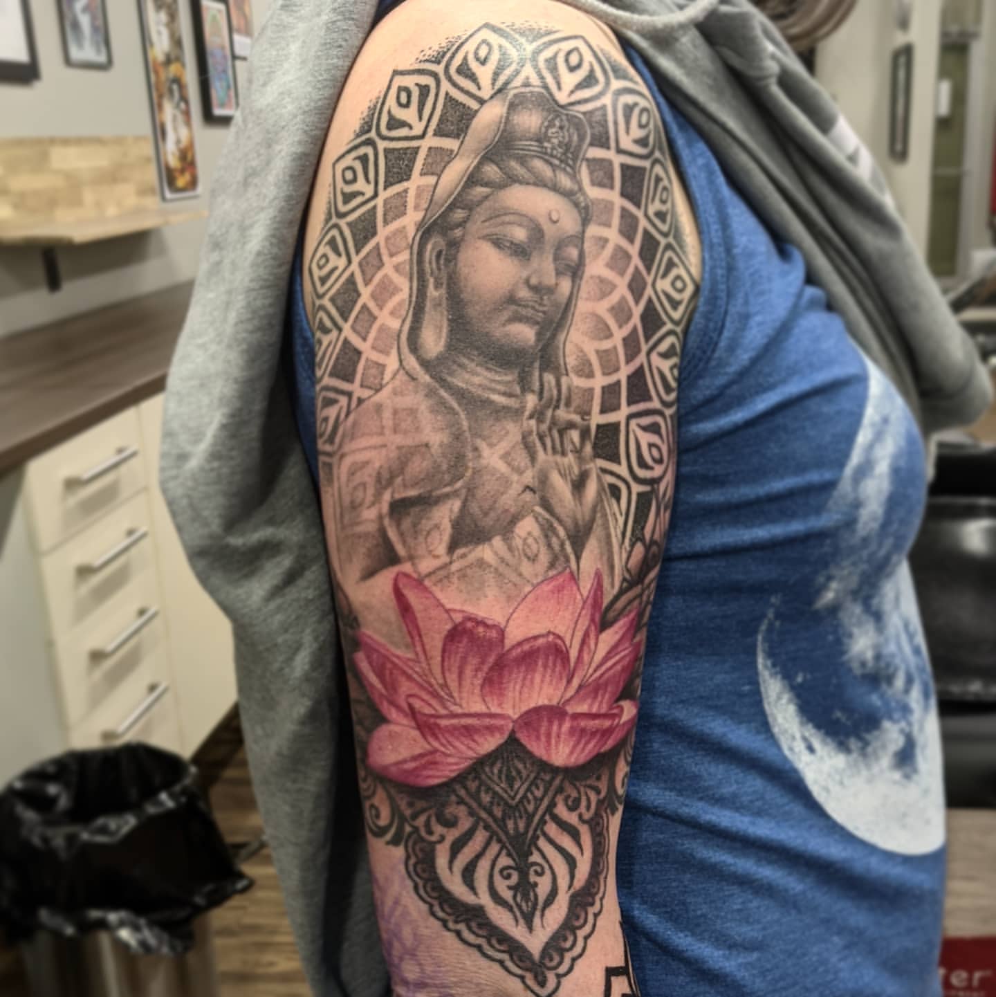 Lotus and Buddha Tattoo by Amber Strange at Black Gold Tattoo Co in Edmonton Alberta Canada