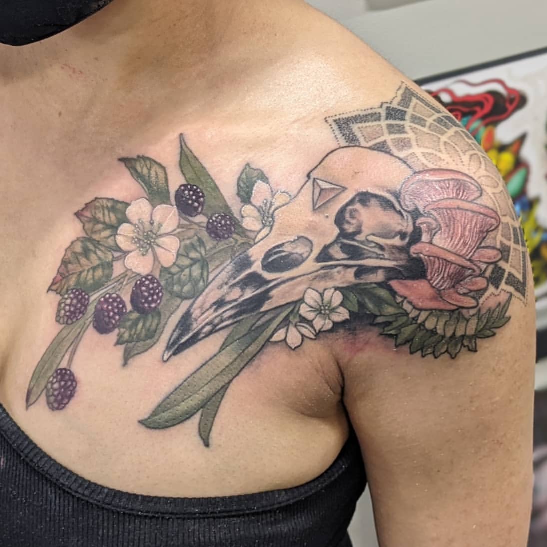 Skull and Floral Tattoo by Amber Strange at Black Gold Tattoo Co in Edmonton Alberta Canada