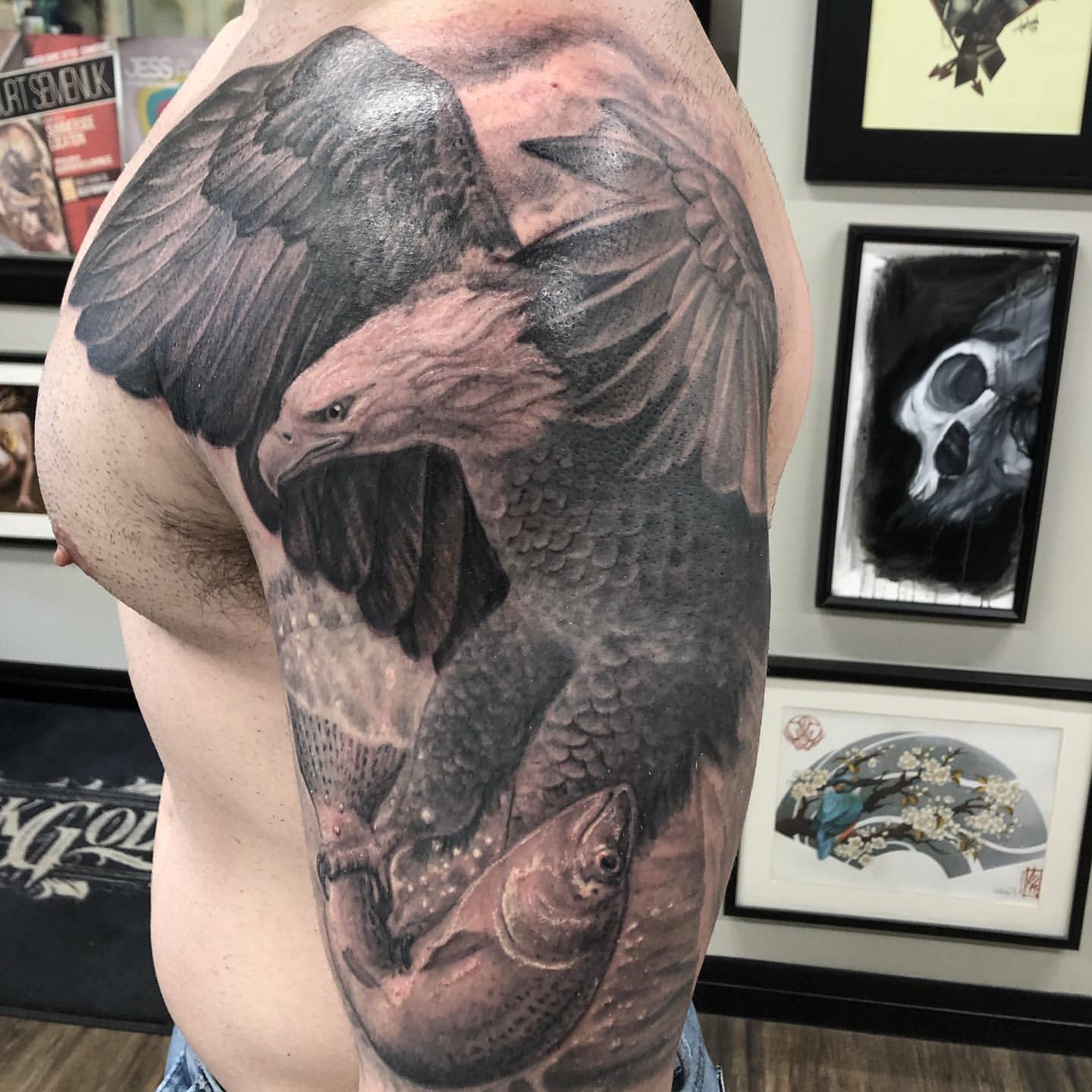 Eagle and Trout Tattoo by Steve Hayes at Black Gold Tattoo Co in Edmonton Alberta Canada