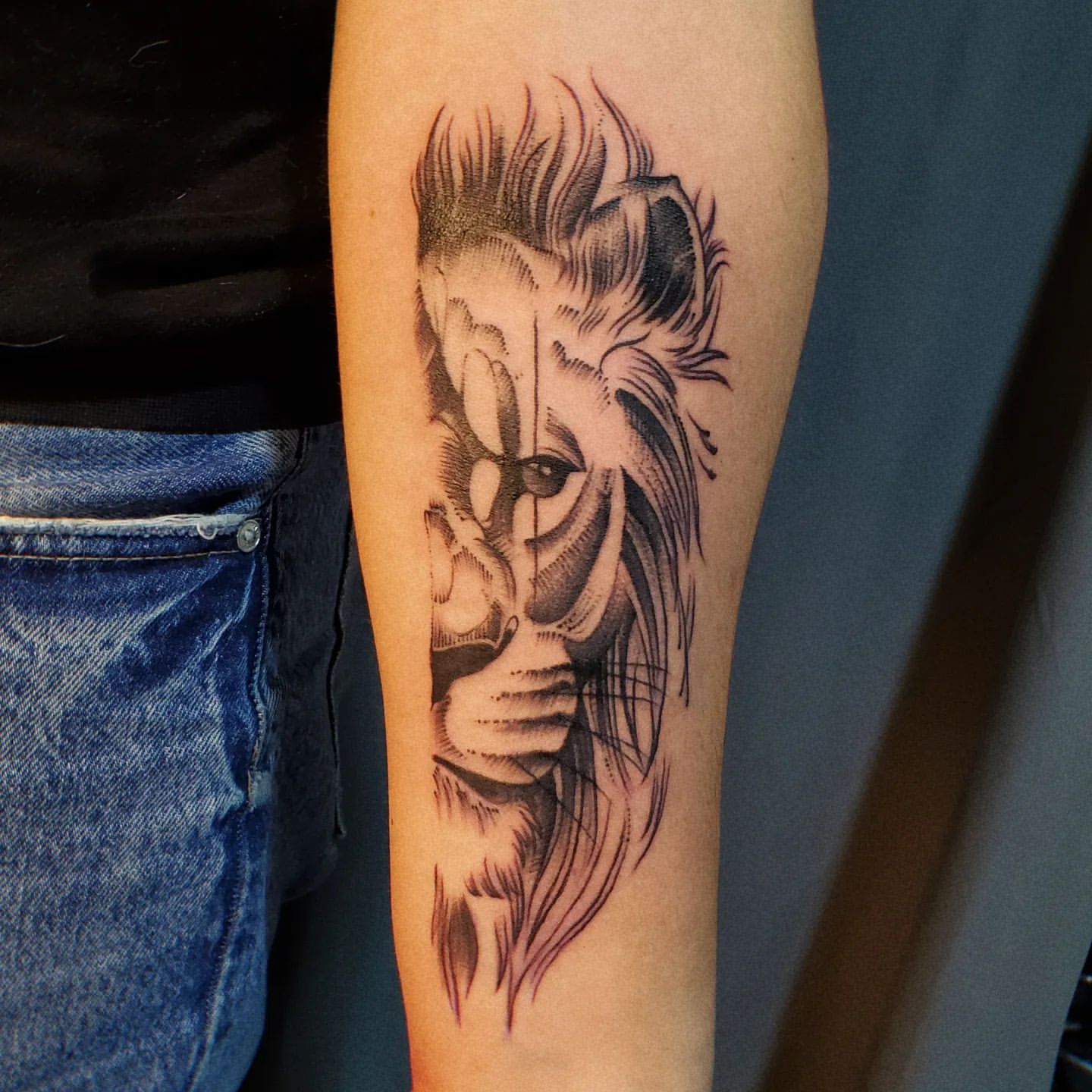 Lion Tattoo by Ian Wang at Black Gold Tattoo Co in Edmonton Alberta Canada