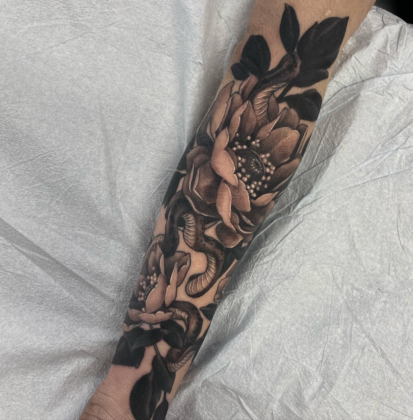 Snake and Peonies Tattoo by Sasha Day at Black Gold Tattoo Co in Edmonton Alberta Canada