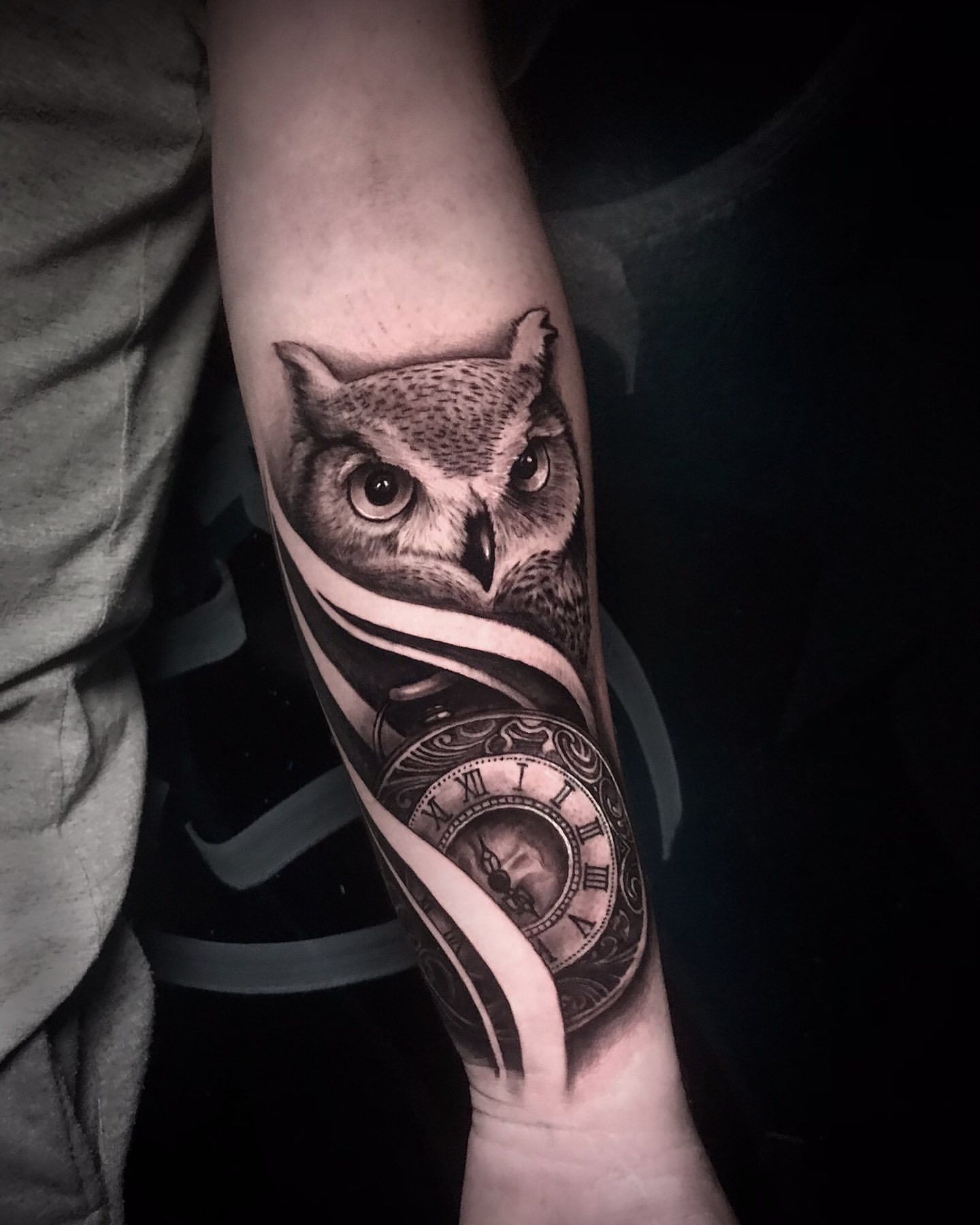 Owl and Clock Tattoo by Jackson Sukhov at Black Gold Tattoo Co in Edmonton Alberta Canada