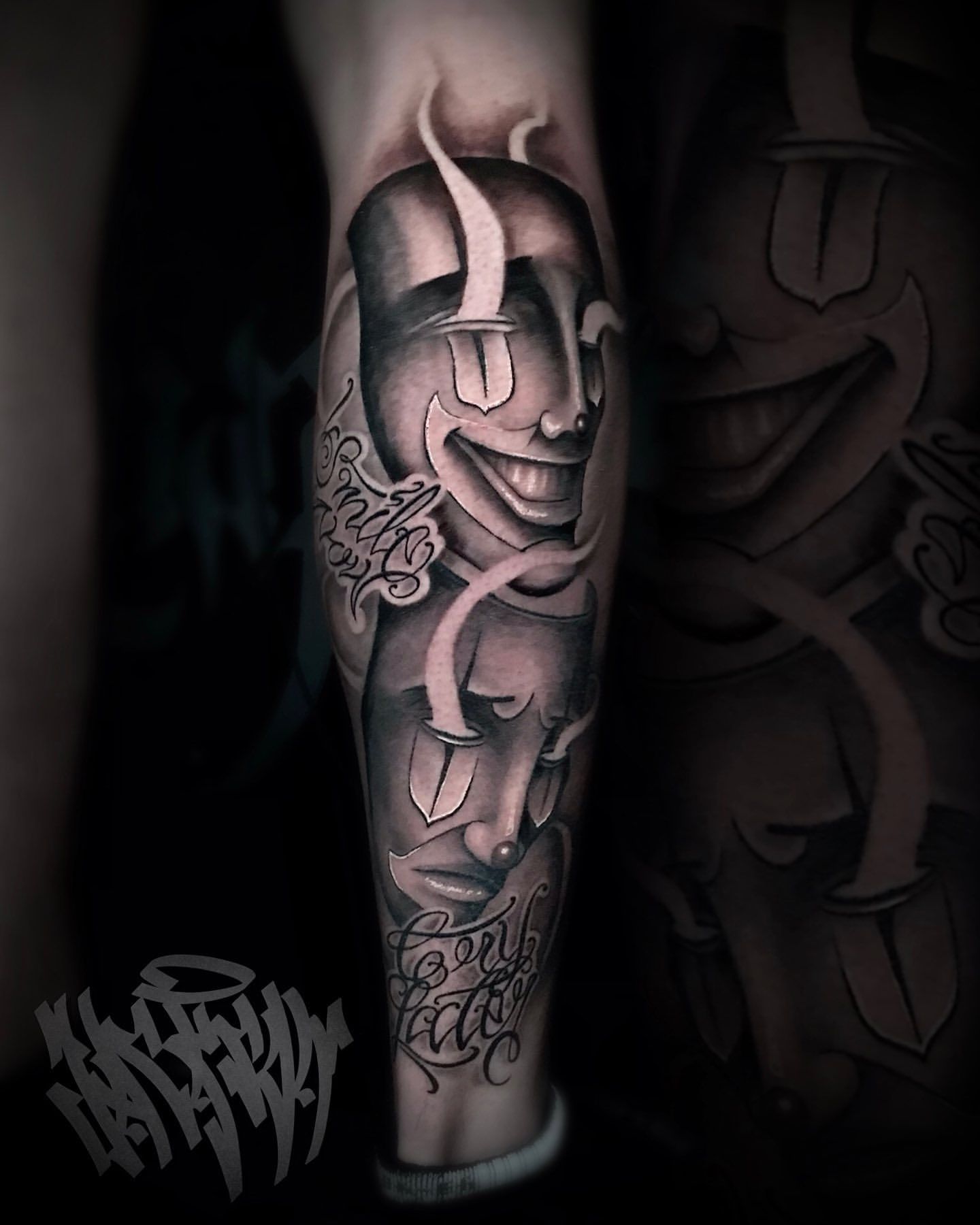 Comedy and Tragedy Masks Tattoo by Jackson Sukhov at Black Gold Tattoo Co in Edmonton Alberta Canada