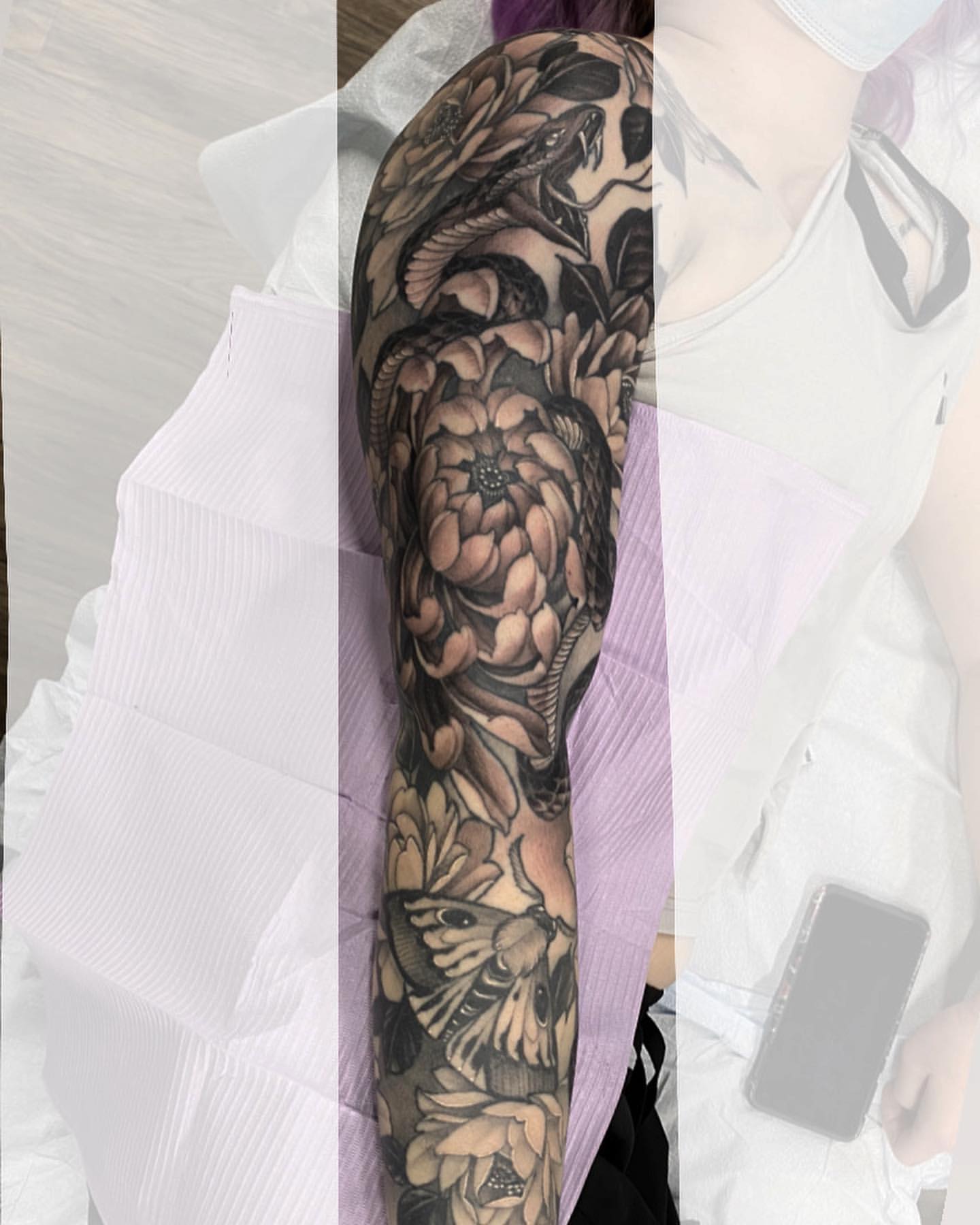 Snake and Moth Sleeve by Sasha Day at Black Gold Tattoo Co in Edmonton Alberta Canada