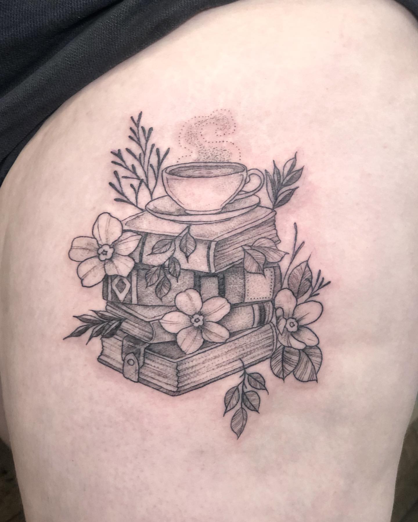 Books and Teacups Tattoo by Vanessa Spezowka at Crimson Empire Tattoo in Edmonton Alberta Canada