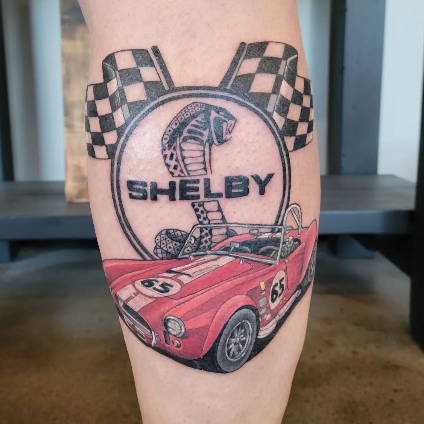 Shelby Cobra Tattoo by Sheila Anderson at Crimson Empire Tattoo in Edmonton Alberta Canada