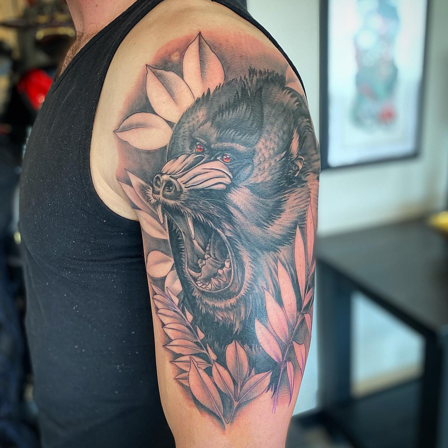 Mandrill Tattoo by Dale Moostoos at Crimson Empire Tattoo in Edmonton Alberta Canada