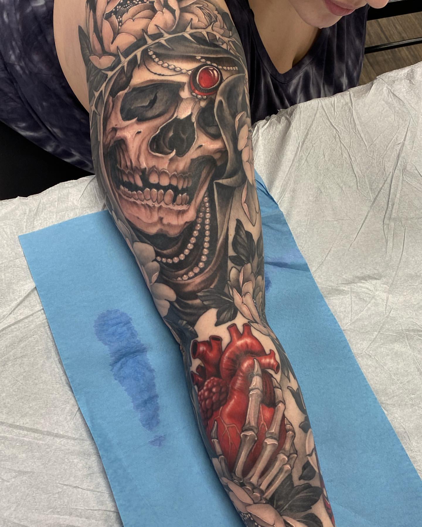 Skeleton and Anatomical Heart Tattoo by Sasha Day at Black Gold Tattoo Co in Edmonton Alberta Canada