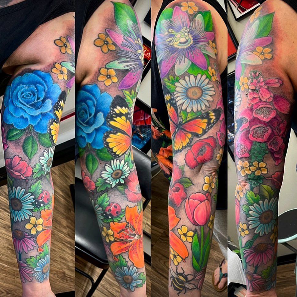 Butterfly and Floral Sleeve by Jess Alther at Black Gold Tattoo Co in Edmonton Alberta Canada